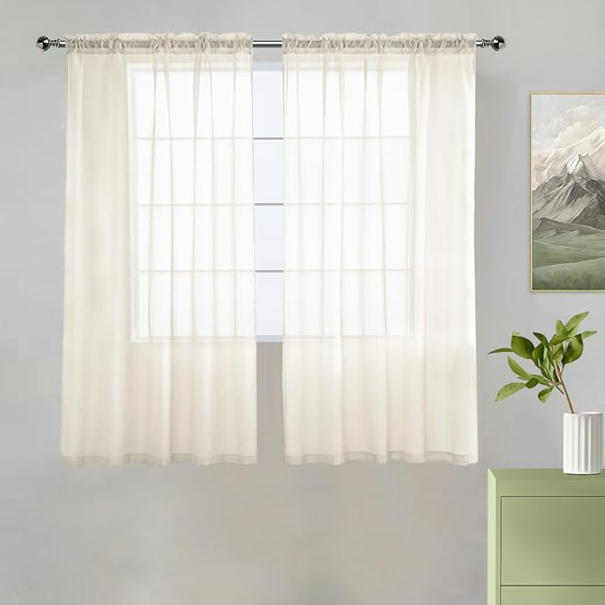 youleyar Solid Sheer Rod Pocket Curtain Voile Draperies 2 Panels White Beige Black Grey Coffee 38 Inch Width 54 Inch Long 1 Pair for Kitchen Bedroom Children Living Room Yard(Ivory,38Wｘ54L)