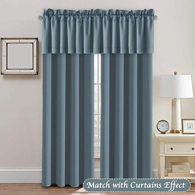 H.VERSAILTEX Blackout Valances for Windows,Kitchen Valance Curtains for Living Room/Bedroom/Bathroom/Basement Privacy Rod Pocket, 4 Panels 52" W x 18,Stone Blue