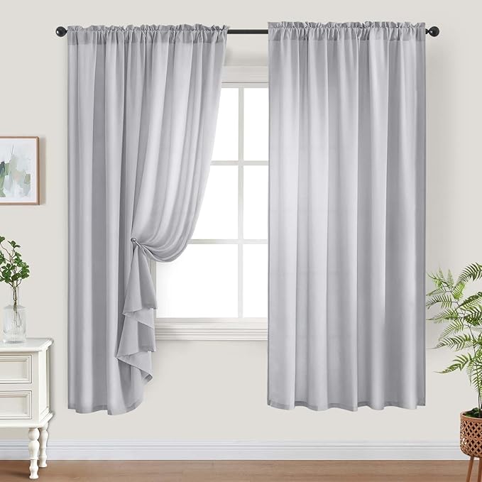 HOMEIDEAS Non-See-Through Light Grey Privacy Sheer Curtains, 52 X 63 Inches Long 2 Panels Sheer Curtains Light Filtering Window Drapes for Bedroom Living Room