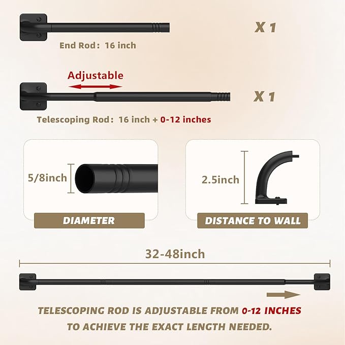 UIOSANRT Curtain Rods for Windows 28 to 48 inch, 5/8" Diameter Black Warp Around Curtain Rod for Bedroom Living Room