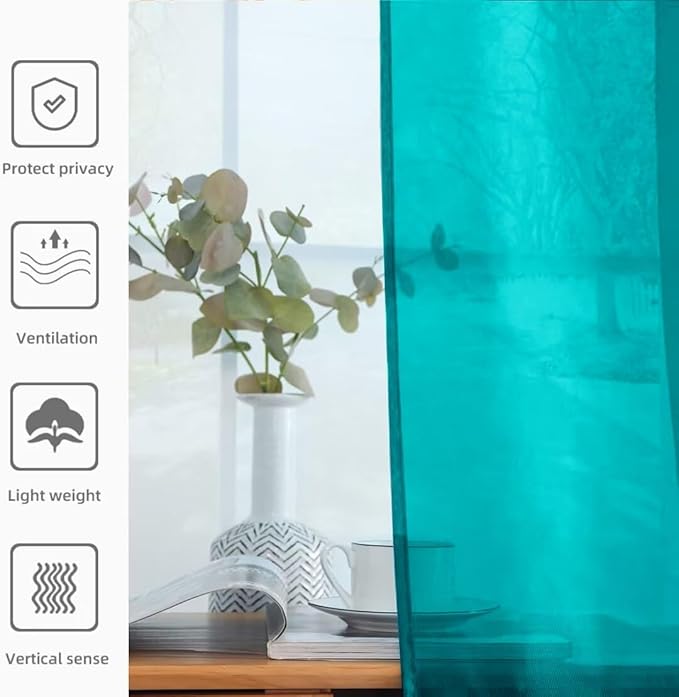 youleyar Solid Sheer Rod Pocket Curtain Voile Draperies 2 Panels White Beige Black Grey Coffee 52 Inch Width 96 Inch Long 1 Pair for Kitchen Bedroom Children Living Room Yard (Peacock Blue,52Wｘ96L)