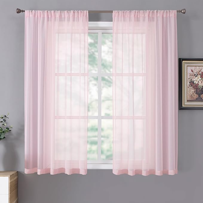 Tollpiz Sheer Curtains Linen Textured Living Room Curtain Sheers Light Filtering Rod Pocket Voile Curtains for Bedroom, 42 x 63 inches Long, Pink, Set of 2 Panels