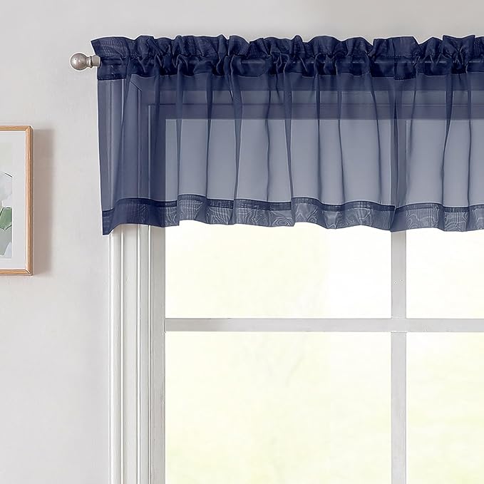 Navy Blue Valances for Windows, Navy Blue Sheer Curtains 14 Inch Length 2 Pack Kitchen Curtain, Modern Solid Mini Small Window Curtains for Cafe Bathroom Basement, Navy Blue, 42"Wx14"L Inch