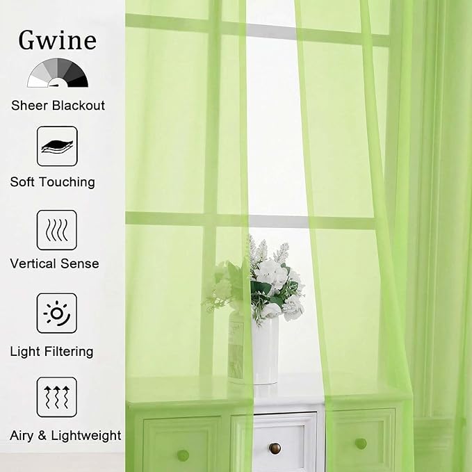 Gwine Sheer Curtains 63 Inch Length - Light Filtering Rod Pocket Window Curtain Panels for Bedroom, Elegant Soft Voile Living Room Sheer Drapes, Each 42Wx63L, 2 Panels, Lime