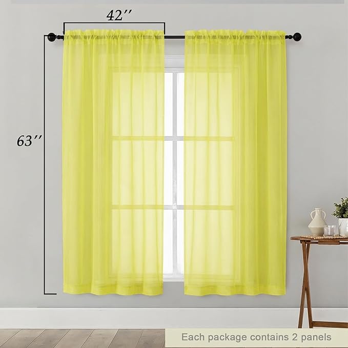 Sheer Curtains 63 Inch Length 2 Panels Set for Living Room Bedroom, Airy Soft Light Filtering Sheer Dining Room Curtains, Modern Rod Pocket Drapes, Lemon, Each 42" Wx63 L
