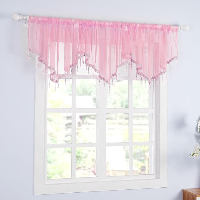 Molaxhome Swag Curtain 51 inch Length Rod Pocket Scalloped Curtain Valance Sheer Lace Panels with Hanging Crystal Beads for Kitchen Bedroom Window Treatments Drape Decor 1pc (Pink, 51Wx23L)