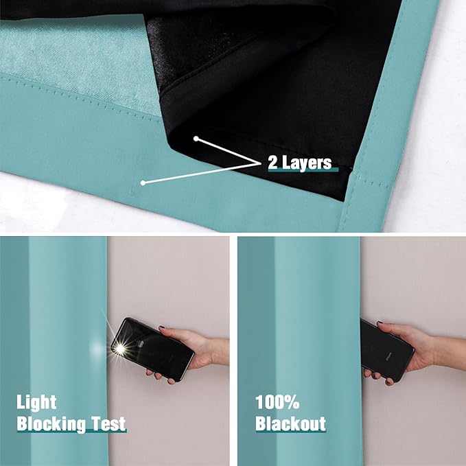 ChrisDowa 100% Blackout Curtains 102 inch Long for Bedroom with Black Liner, 2 Thick Layers Total Blackout Thermal Insulated Grommet Window Curtains 2 Panels Set (Aqua, 52 x 102 Inch)