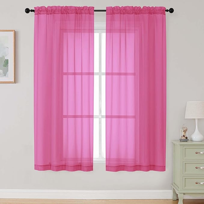 Hot Pink Sheer Curtains 63 Inch Length 2 Panels Set for Living Room Bedroom, Airy Soft Light Filtering Sheer Dining Room Curtains, Modern Rod Pocket Drapes, Hot Pink, Each 42" Wx63 L