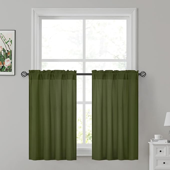 HOMEIDEAS Non-See-Through Olive Green Privacy Sheer Kitchen Curtains, 30 X 36 Inches Long 2 Panels Sheer Curtains Light Filtering Window Drapes for Bedroom Living Room