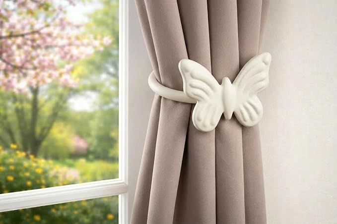 RTZEN Decorative Metal Curtain Tiebacks - Farmhouse Wrought Iron Curtain Holdbacks - Drapery Holders for Wall - Unique Metal Tie Backs for Curtains - 2 Pcs (White Butterfly)
