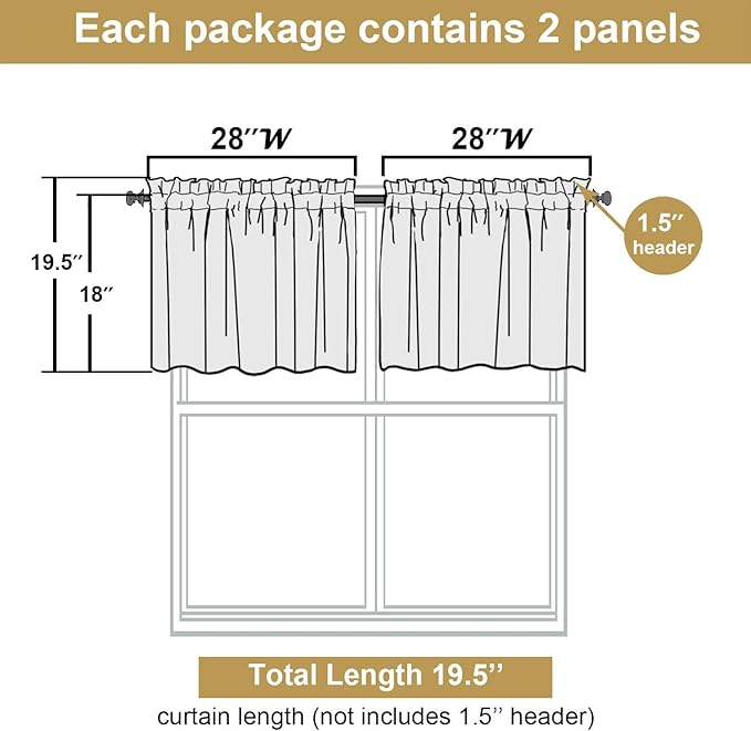 Lecloud Leia Navy Blue Valances for Windows 18 Inch Length 2 Pcs, Dual Rod Pocket Sheer Curtains Kitchen Curtains, Jacquard Leaf Textured Cafe Curtains Drapes for Bathroom, Each Panel 28" W x 18" L