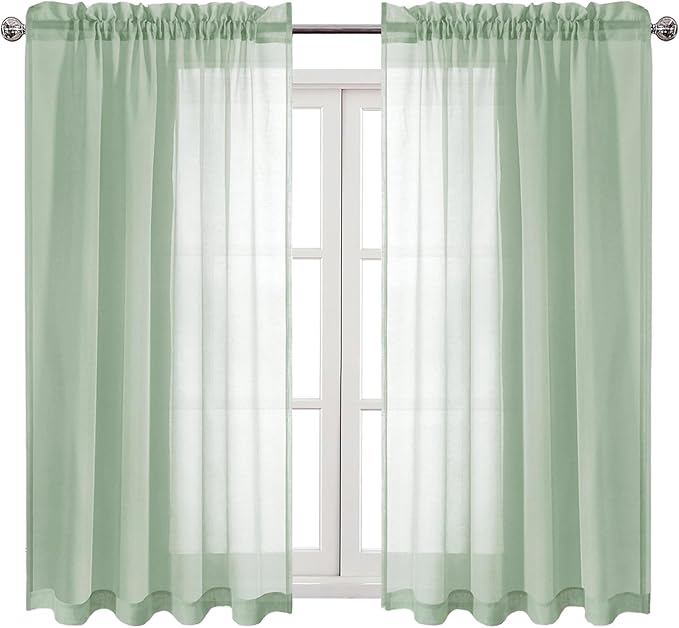 DWCN Bean Green Sheer Curtains Semi Transparent Voile Rod Pocket Curtains for Bedroom and Living Room, 52 x 54 inches Long, Set of 2 Panels