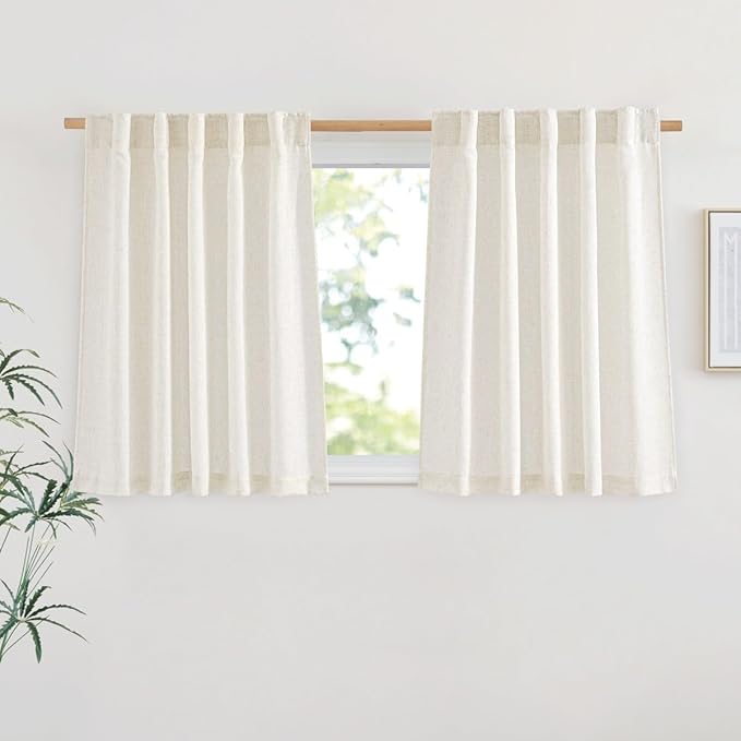 NICETOWN Linen Curtains 45 inch Length for Kitchen, Rod Pocket & Back Tab Semi Sheer Flax Linen Window Treatments Privacy with Light Filtering for Bedroom, Natural, W29 x L45, 2 Pieces