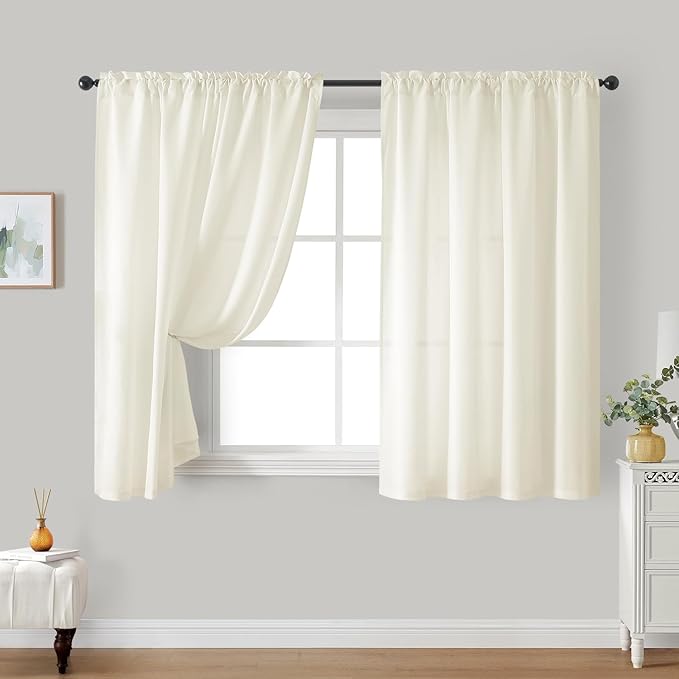 HOMEIDEAS Non-See-Through Cream Yellow Privacy Sheer Curtains, 52 X 54 Inches Long 2 Panels Light Yellow Sheer Curtains Light Filtering Window Drapes for Bedroom Living Room