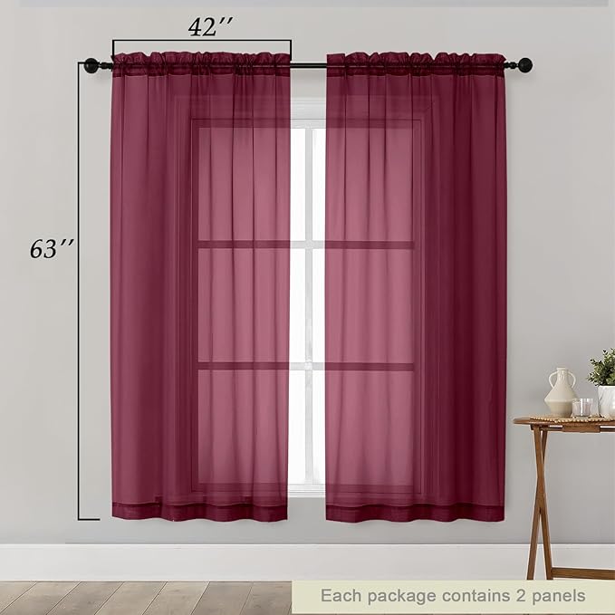 Burgundy Sheer Curtains 63 Inch Length 2 Panels Set for Living Room Bedroom, Airy Soft Light Filtering Sheer Dining Room Curtains, Modern Rod Pocket Drapes, Burgundy, Each 42" Wx63 L