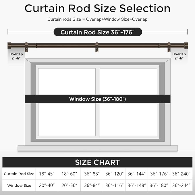 Bronze Curtain Rods for Windows 36 to 176 Inch(3-14 Feet),1" Diameter Rods with Modern Style End Cap Finials,Size:36-176 Inch