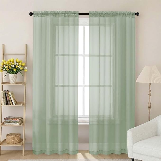 Sage Green Sheer Curtain for Bedroom Living Room 72 Inches Long 2 Panels Set, Solid Soft Light Filtering Sheer Window Curtains, Modern Rod Pocket Door Curtain, Sage Green, 42" Wx72 L Inches