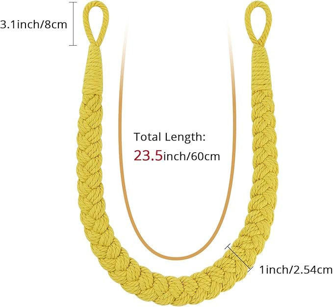 NICEEC 2 Pack Natural Cotton Rope Curtain Tiebacks Elegant Boho Style Decorative Drape Tie Backs Soft Hand-Woven Rope Curtain Holdbacks with Metal Hook for Home & Office Drapery (Yellow)