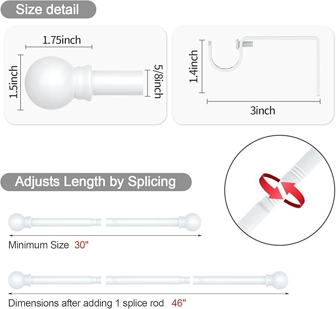 Thestoa Curtain Rods for Windows 30-46 Inch, 5/8" White Curtain Rods, Stainless Steel Small Curtain Rod for Bedroom, Living Room,Kitchen,Farmhouse, Outdoor Curtain rod White