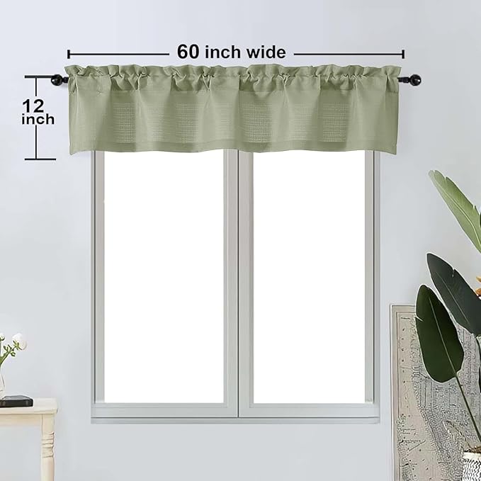 OWENIE Bob 1 PCS Green Valances for Windows, Faux Linen Textured Kitchen Window Curtains Valance for Bedroom Living Room, Modern Soft Airy Solid Rod Pocket Bathroom Cafe Curtain, 60Wx12L Inch