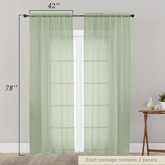 Light Green Sheer Curtain for Bedroom Living Room 78 Inches Long 2 Panels Set, Solid Soft Airy Light Filtering Sheer Window Curtains, Modern Rod Pocket Door Curtain, 42" Wx78 L Inches