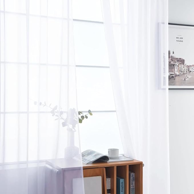 SpaceDresser Sheer Voile Window Treatment Rod Pocket Curtain Panels for Kitchen Bedroom Living Room Drapes Sunlight Filtering Privacy Semi Home Decor Assorted Colors Sizes (Optical White, 52 W x 63 L)