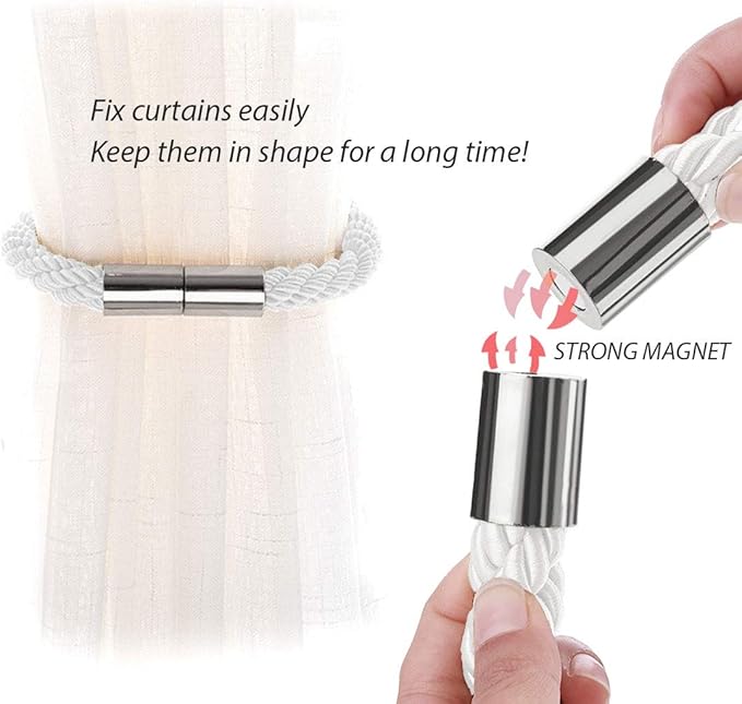 NICEEC 6 Pack Strong Magnetic Curtain Tiebacks Modern Simple Style Drape Tie Backs Convenient Decorative Weave Rope Curtain Holdbacks for Thin or Thick Home & Office Window Draperies (Silver White)