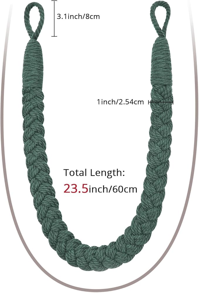 NICEEC 2 Pack Natural Cotton Rope Curtain Tiebacks Elegant Boho Style Decorative Drape Tie Backs Soft Hand-Woven Rope Curtain Holdbacks with Metal Hook for Home & Office Drapery (Dark Green)