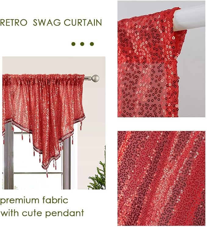 Molaxhome Swag Curtain 51 inch Length Rod Pocket Scalloped Curtain Valance Sheer Lace Panels with Hanging Crystal Beads for Kitchen Bedroom Window Treatments Drape Decor 1pc (Sequin Red, 51Wx23L)