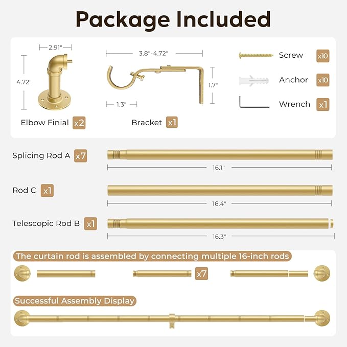 Zeerobee Curtain Rods for Windows 72 to 144, 1 Inch Industrial Wrap Around Gold Curtain Rod, Indoor/Outdoor Room Divider Adjustable Drapery Pole, 72"-144"