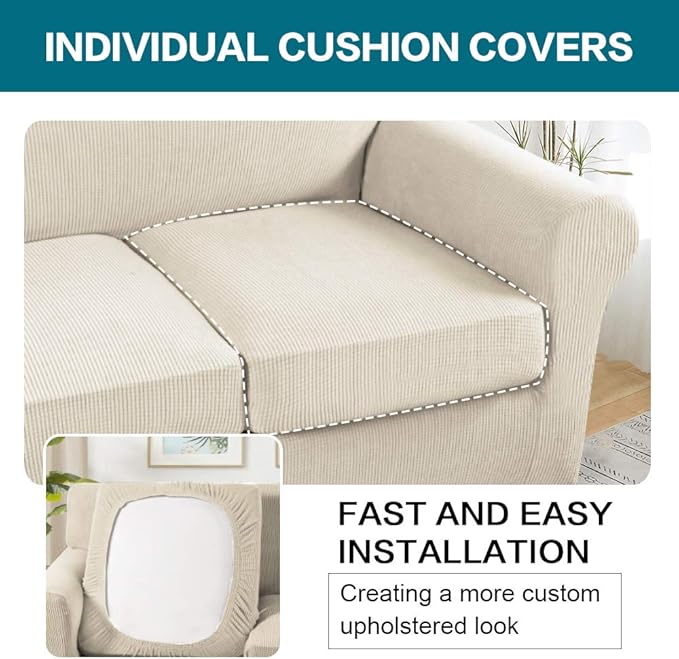 Turquoize 4 Piece Sofa Covers For 3 Cushion Couch Sofa Slipcover Soft Couch Cover For Dogs-Washable Sofa Furniture Covers With 3 Individual Large Cushion Covers Feature Fabric (XL Sofa,Biscotti Beige)