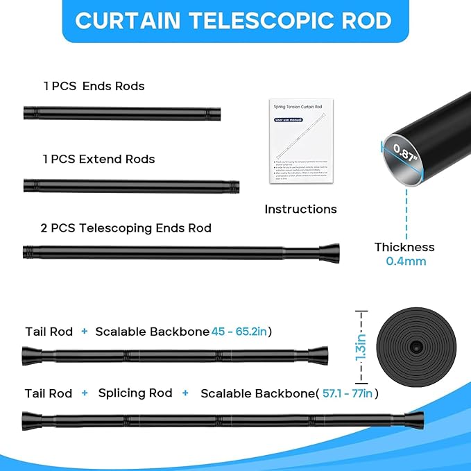 AIZESI Spring Tension Rods Adjustable Tension Curtain Rod Small Tension Rod No Drilling Expandable Spring Loaded Curtain Tension Rod?Black,45" to 77"-2Pcs)