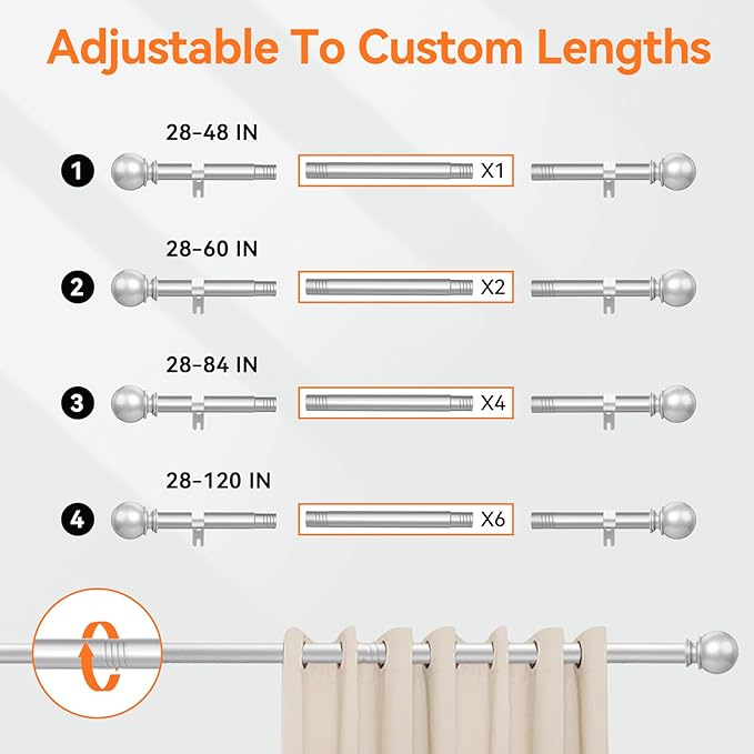 Silver Curtain Rods for Windows 48 to 84 or 88 Inches Max - 5/8'' Metal Heavy Duty Curtain Rods Set - Rustic Decorative Drapery Rods with Brackets for Farmhouse, Bedroom, Sliding Glass Door