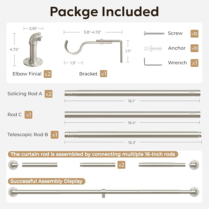 Zeerobee Curtain Rods for Windows 32 to 72, 1 Inch Industrial Wrap Around Brushed Nickel Curtain Rod, Indoor/Outdoor Room Divider Adjustable Drapery Pole, 32"-72"