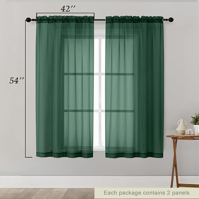 Sheer Hunter Green Curtains for Bedroom Living Room 54 Inch Length 2 Panels Set, Solid Soft Airy Light Filtering Window Treatments, Modern Rod Pocket Drapes, Hunter Green, 42" Wx54 L Inches