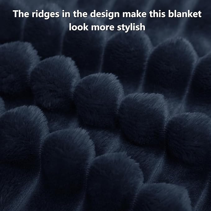 HIMEET Navy Blue Ribbed Queen Size Blanket for Bed - 300GSM Lightweight Fleece Blanket for Men Women, Large Sofa Couch Cover Bed Blankets Gifts, Striped Spring Home Room Decor, Navy Blue, 90x90 Inches