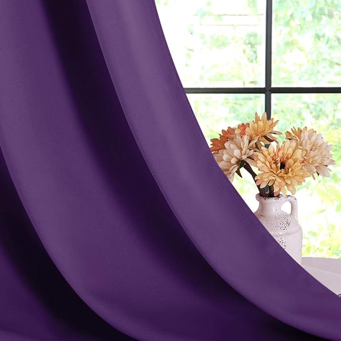 NICETOWN Thermal Insulated Blackout Draperies Curtains, Triple Weave Home Decoration Solid Ring Top Blackout Drape Panels for Bedroom (Set of 2, 42 x 45 Inch, Royal Purple)