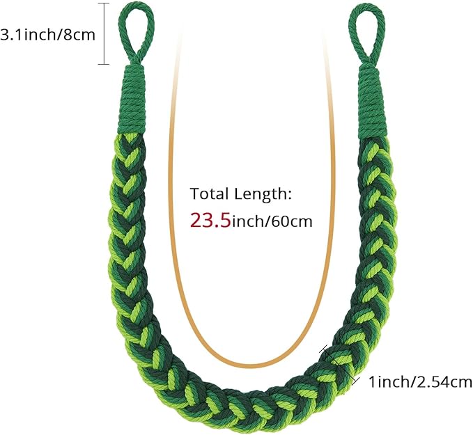 NICEEC 2 Pack Natural Cotton Rope Curtain Tiebacks Elegant Boho Style Decorative Drape Tie Backs Soft Hand-Woven Rope Curtain Holdbacks with Metal Hook for Home & Office Drapery (Gradient Green)
