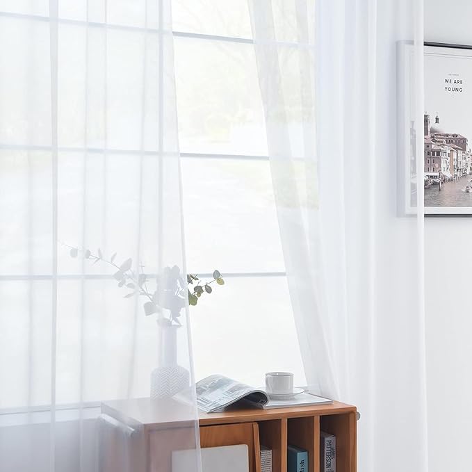 youleyar Solid Sheer Rod Pocket Curtain Voile Draperies 2 Panels White Beige Black Grey Coffee 60 Inch Width 108 Inch Long 1 Pair for Kitchen Bedroom Children Living Room Yard(White,60Wｘ108L)