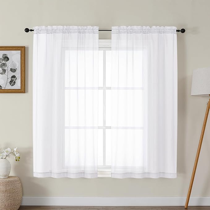 Gwine White Sheer Curtains for Bedroom 54 inches Long 2 Panels, Light Filtering Voile Rod Pocket Curtains, Airy Transparent Sheer Drapes for Living Room, Each 42" Wx54 L