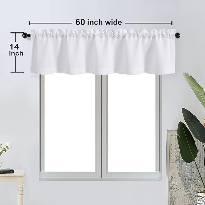 OWENIE Bob 1 PCS White Valances for Windows, Faux Linen Textured Kitchen Window Curtains Valance for Bedroom Living Room, Modern Soft Airy Solid Rod Pocket Bathroom Cafe Curtain, 60Wx14L Inch