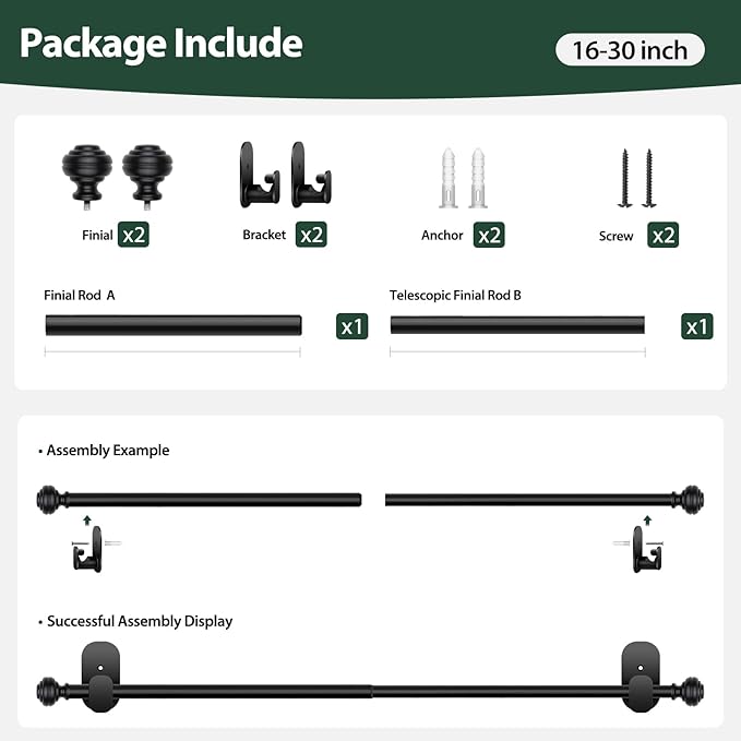 KAMANINA Curtain Rods No Drilling for Windows 16 to 30 Inches, 5/8 Inch Adjustable Small Curtain Rod with 3M Adhesive Brackets without Drilling, Black