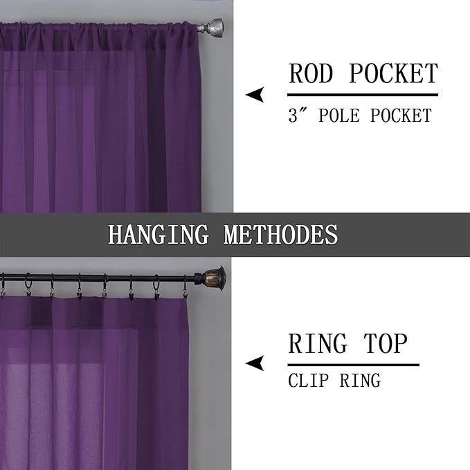 Tollpiz Short Sheer Curtains Living Room Linen Textured Curtain Sheers Light Filtering Voile Rod Pocket Curtains for Bedroom, 38 x 45 inches Long, Royal Purple, Set of 2 Panels