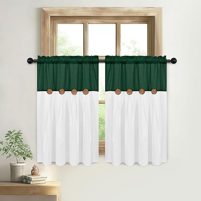 FRAMICS Boho Kitchen Curtains 36 Inch Length, Farmhouse Cotton Linen Tier Curtains, Rustic Button Short Curtain for Windows, Rod Pocket Small Window Curtain, Green and White, 26x36