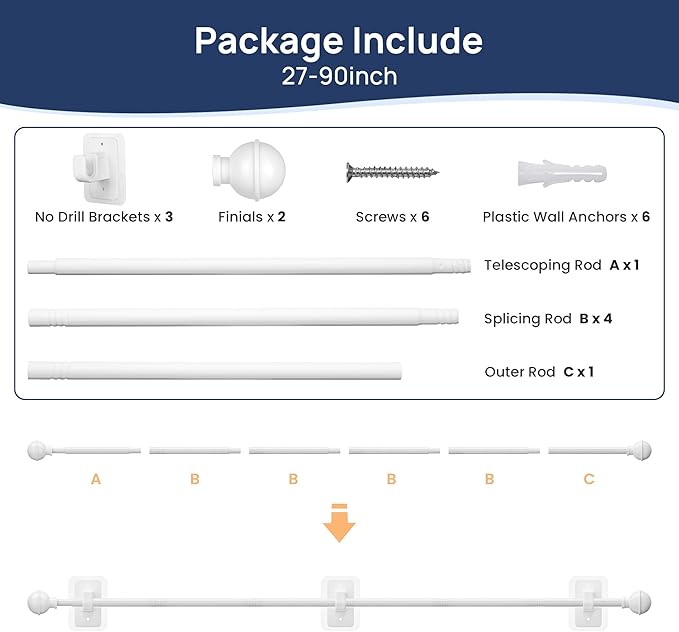 ENJOYBASICS No Drill Curtain Rods for Window 48 to 84 Inches, 5/8 Inch Diameter Renter Friendly Drapery Rod with Adhesive Brackets without Drilling, Adjustable from 27 to 90 Inches, White