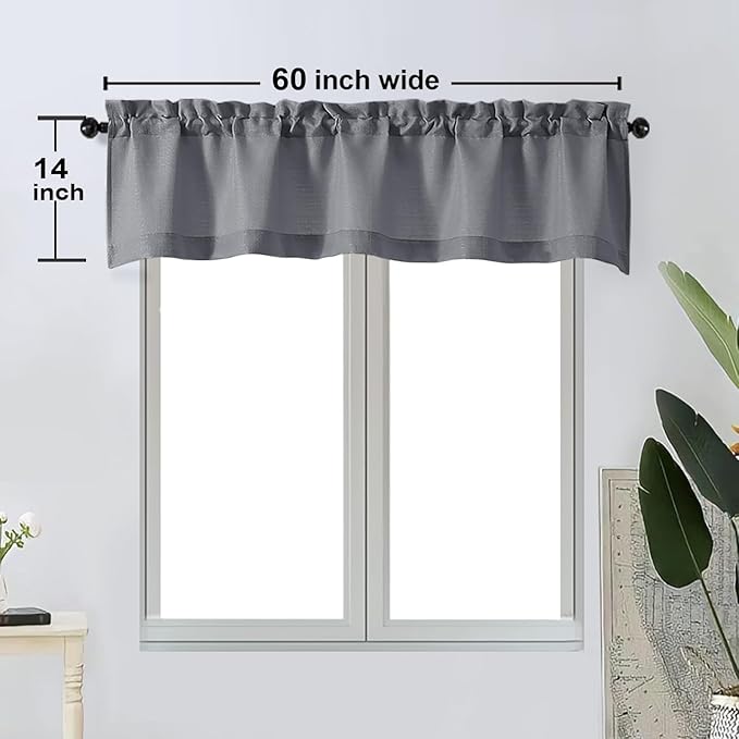 OWENIE Bob 1 PCS Dark Grey Valances for Windows, Faux Linen Textured Kitchen Window Curtains Valance for Bedroom Living Room, Modern Soft Airy Solid Rod Pocket Bathroom Cafe Curtain, 60Wx14L Inch