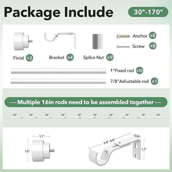 Extra Long Curtain Rods for Windows 32 to 170 Inch, 1 Inch White Heavy Duty Curtain Rods for Patio, Farmhouse, Bedroom, Living Room, Adjustable Metal Drapery Rod (A1,White,32"-170")