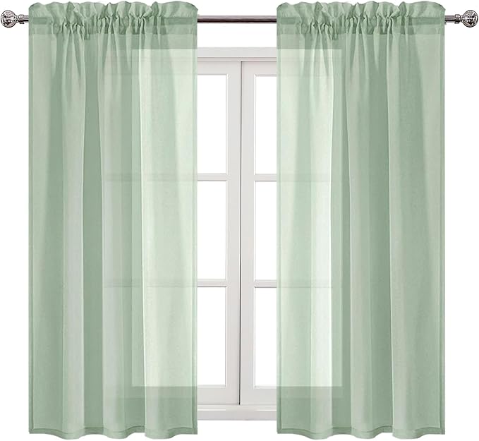 DWCN Bean Green Sheer Curtains Semi Transparent Voile Rod Pocket Curtains for Bedroom and Living Room, 42 x 54 inches Long, Set of 2 Panels