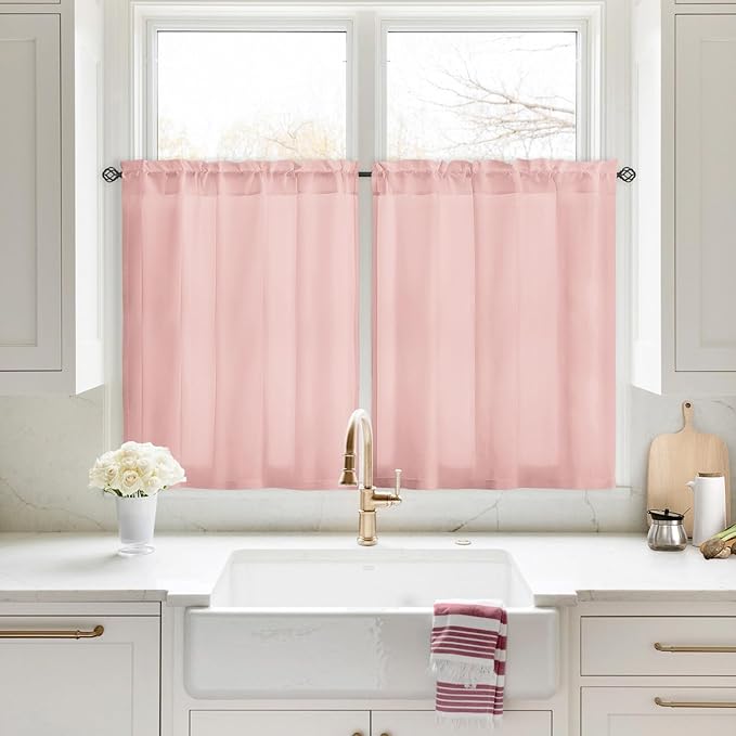 HOMEIDEAS Non-See-Through Blush Pink Privacy Sheer Kitchen Curtains, 30 X 36 Inches Long 2 Panels Short Sheer Curtains Light Filtering Bathroom Window Drapes for Bedroom Living Room