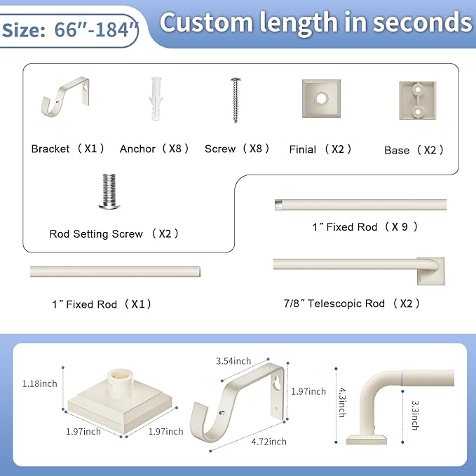 Beige White Curtain Rods for Windows 66-184 Inch(5.5-15.3ft) Heavy Duty Wrap Around Blackout Curtain Rods, Extra Long Adjustable Room Darkening Drapery Rod for Bedroom, Living Room & Outdoor Patio